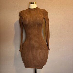Elegant Brown Ribbed Knit Dress
